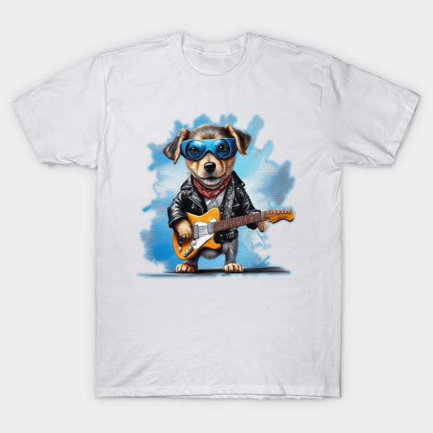 Cute Street Dog wearing a leather jacket playing guitars T-Shirt by JnS Merch Store